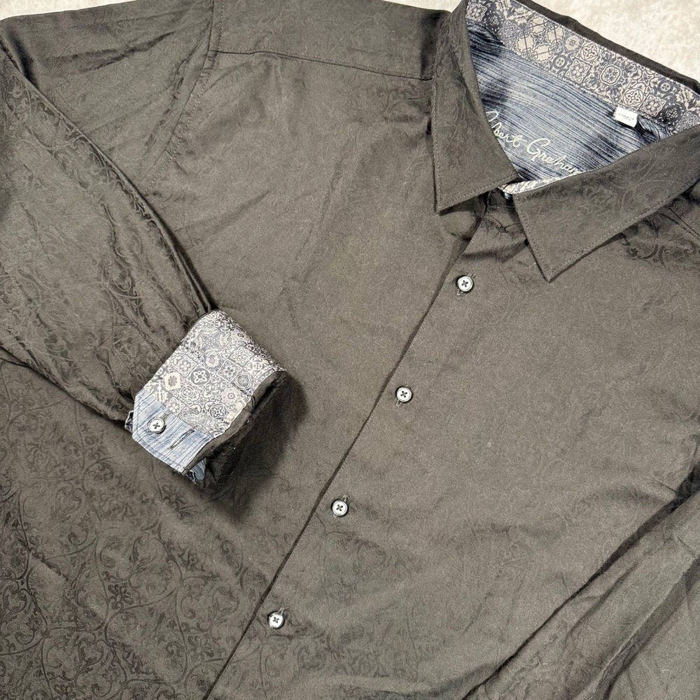 Robert Graham Mens 2XLT Black Damask Jacquard Button Down Shirt Tall Cotton